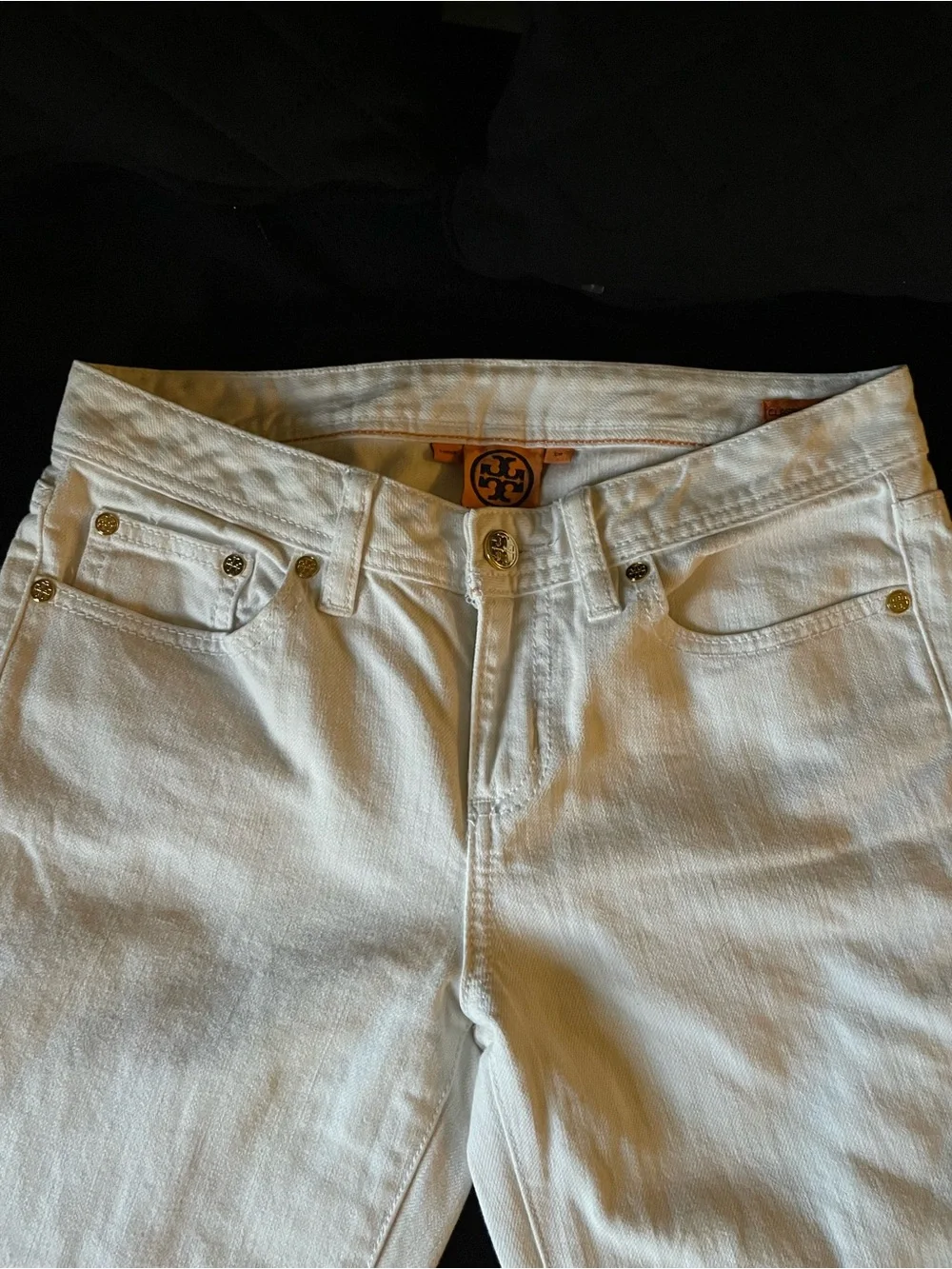 Tory Burch White Denim Jeans with Orange Logo Tag